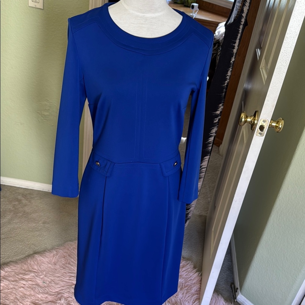 Liz Claiborne Blue Sheath Dress Long Sleeve Crew Neck